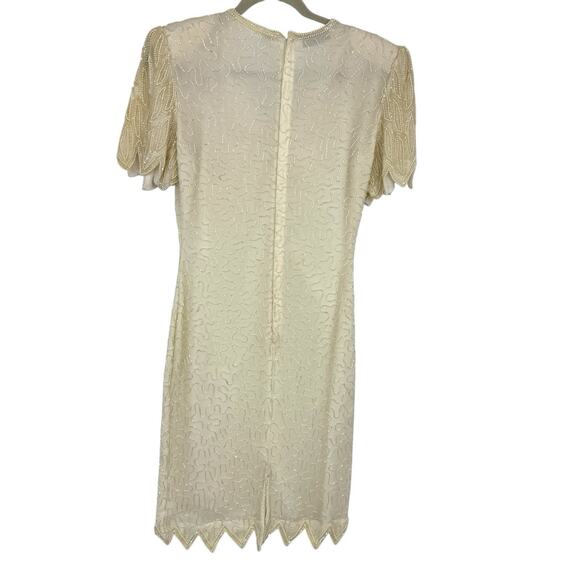 Lawrence Kazar Silk Beaded Sheath Dress Vintage size Small Ivory Short Sleeve - Picture 3 of 16
